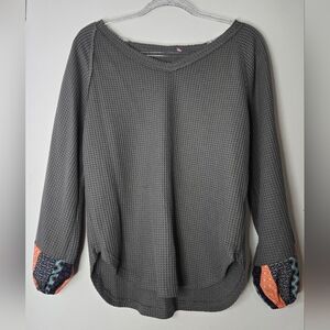 Gray Waffle Knit Blouse with Patterned Sleeves